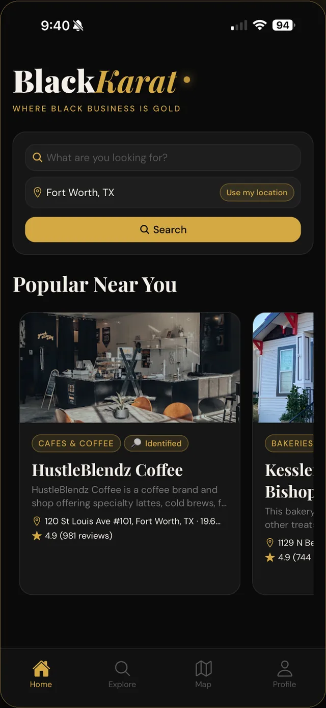 BlackKarat Home with nearby business search and local business cards